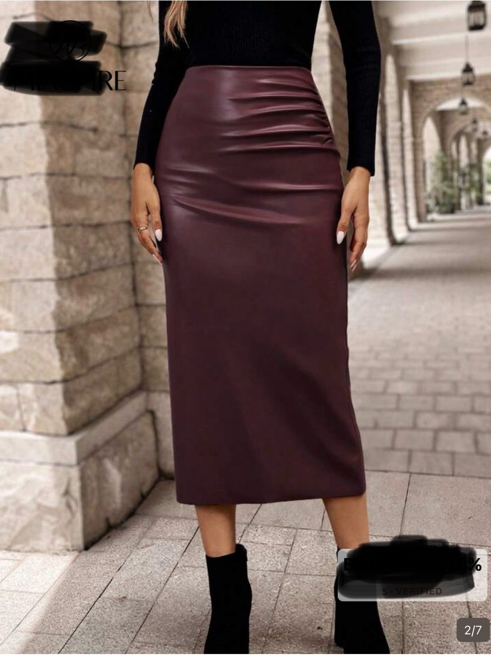 SHEIN Burgundy Faux Leather Midi Pencil Skirt